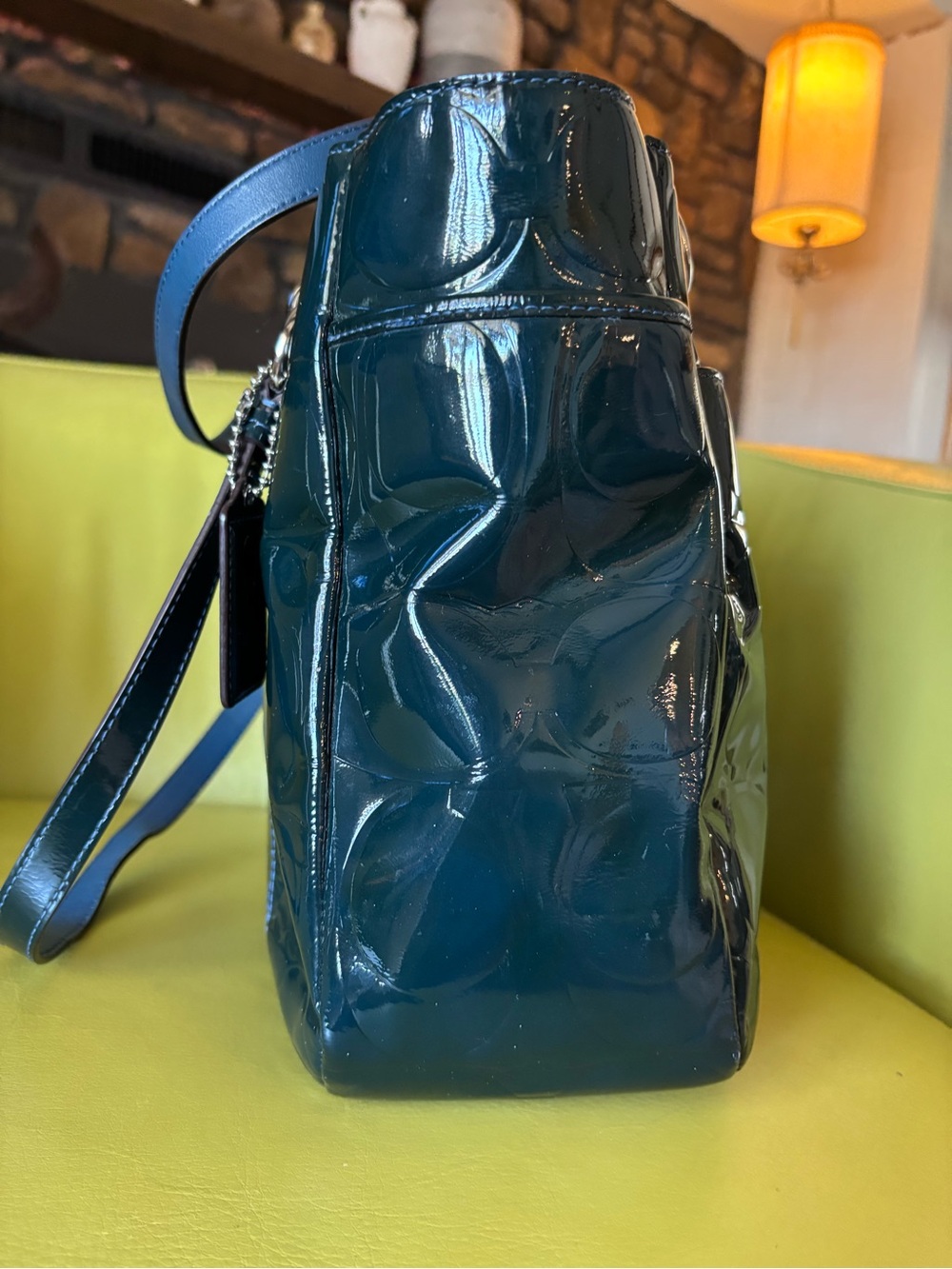 Coach Gallery Signature Embossed Patent Leather East West Tote Teal F07729 - Picture 8 of 11